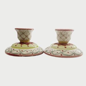 Vintage Set of 2 Boho Colorful Ceramic Candleholders￼